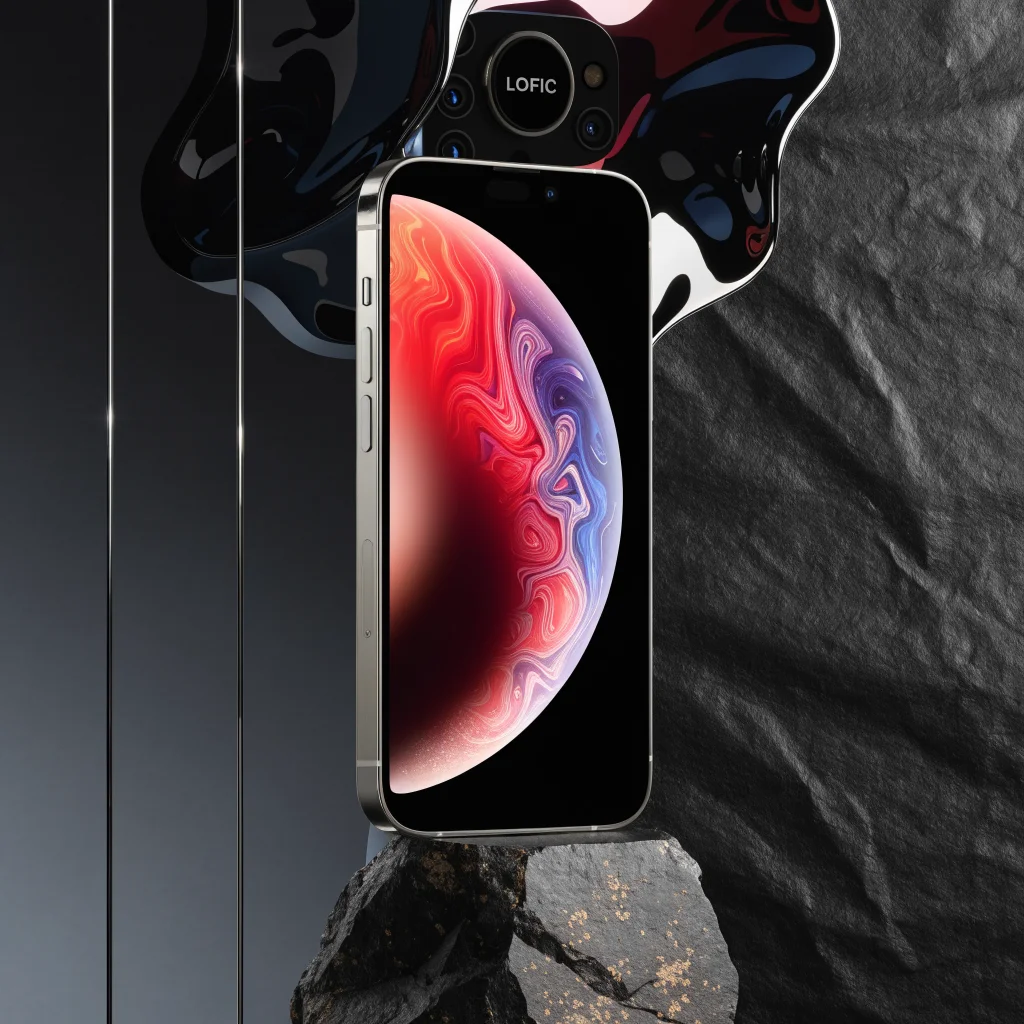 A realistic photo of the 2026 iPhone 18 Pro showcasing its OLED COE display, A21 2-nanometer chip, under-display Face ID, and LOFIC camera on a sleek modern background.