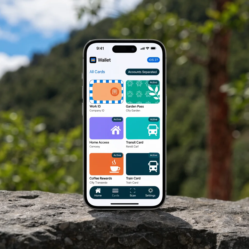 A realistic photo of an iPhone displaying the new Apple Wallet interface with customized cards and account separation features in iOS 27 update.