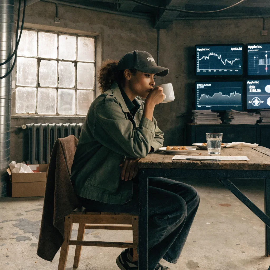 A realistic photo of Amber Neely on a dystopian Apple TV Silo series set, with scripts and futuristic Apple Inc stock charts in the background.