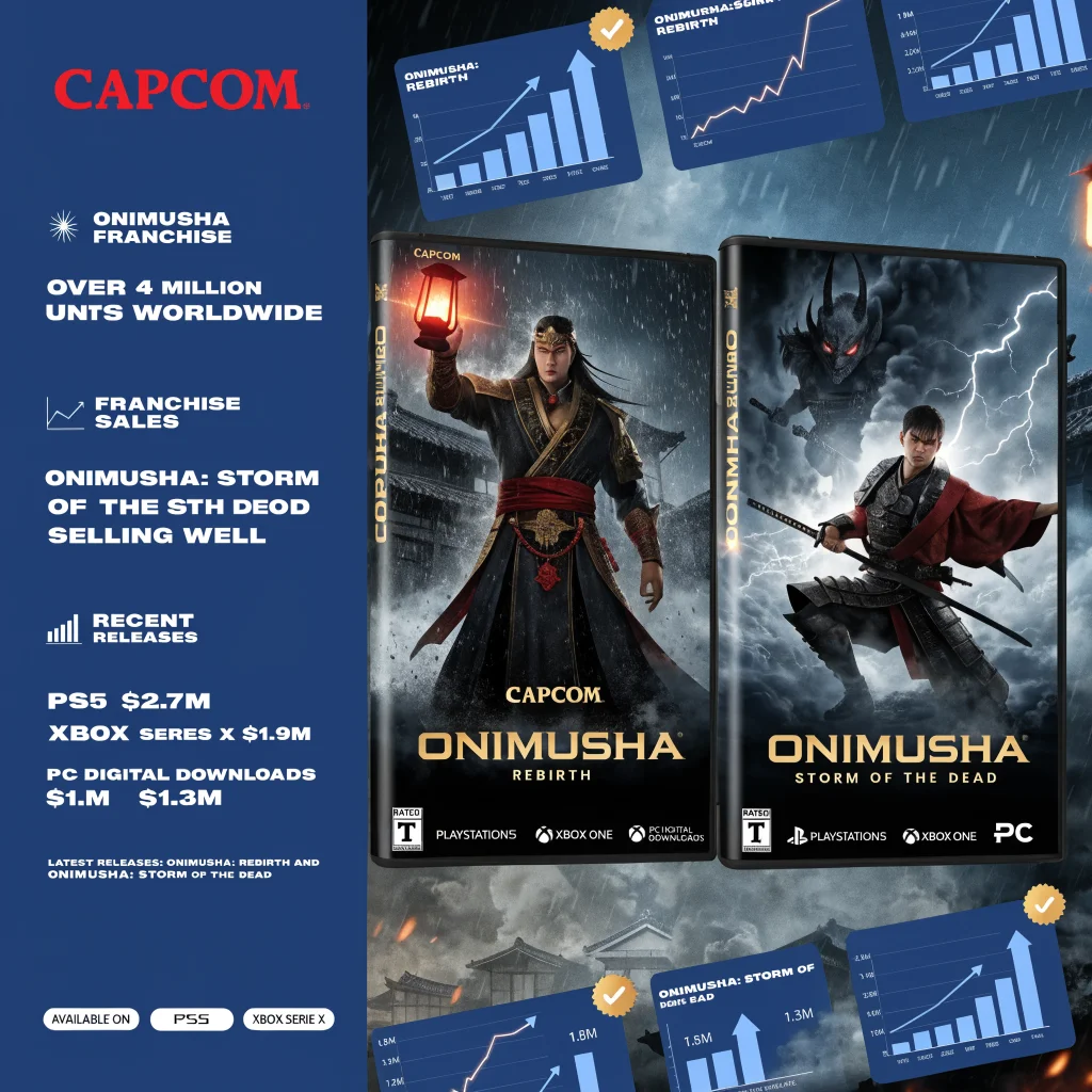 A detailed display of Onimusha game cases alongside Capcom logos and digital sales charts highlighting the franchise's million-unit sales and recent successful game releases.