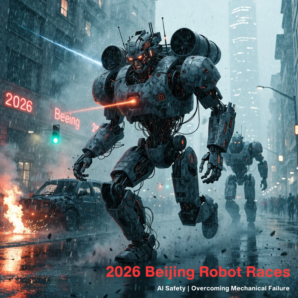 A humanoid robot competing in the 2026 Beijing Robot Races with laser technology and barrels, showcasing overcoming mechanical failures and AI safety features.