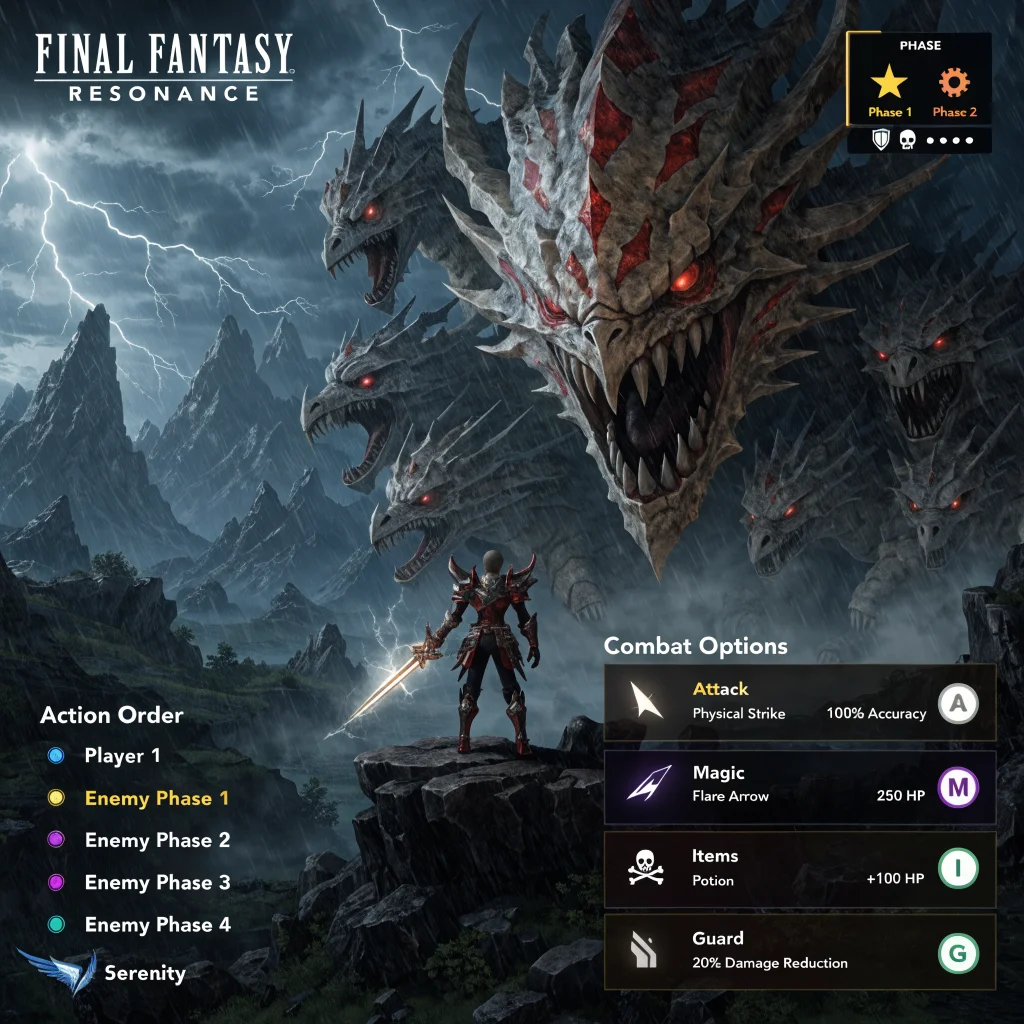 A detailed screenshot from Final Fantasy Resonance showcasing HD-2D graphics, turn-based combat with action order, and enemy phases inspired by classic JRPGs like Chrono Trigger.