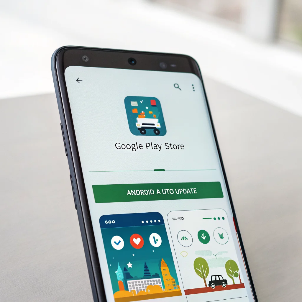 A realistic photo of a smartphone screen showing the Google Play Store download management interface with paused app downloads and Android Auto update notifications.