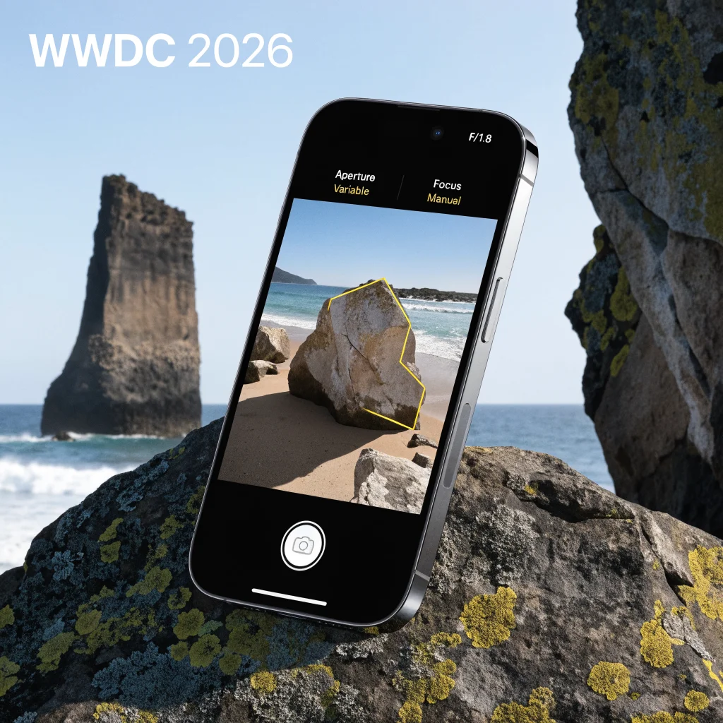 A realistic photo of an iPhone 18 Pro displaying its camera app with features like variable aperture, manual focus, and focus peaking, highlighted during Apple WWDC 2026.
