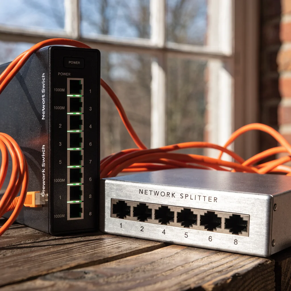 A realistic photo showing an Ethernet switch and splitter side by side with network cables, highlighting differences in Gigabit Ethernet network management and device connectivity.