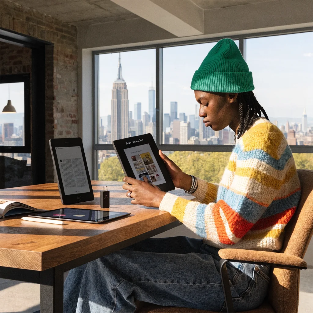 A realistic photo of a person comparing the Boox Palma 2 Pro color e-reader's functionality and cost with other e-readers on a modern desk.