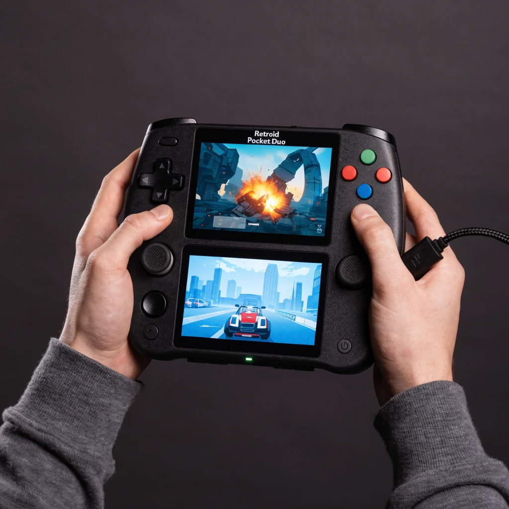 A realistic photo of a Retroid Pocket Duo handheld gaming console with dual screens running Android games, held in someone's hands against a neutral background.