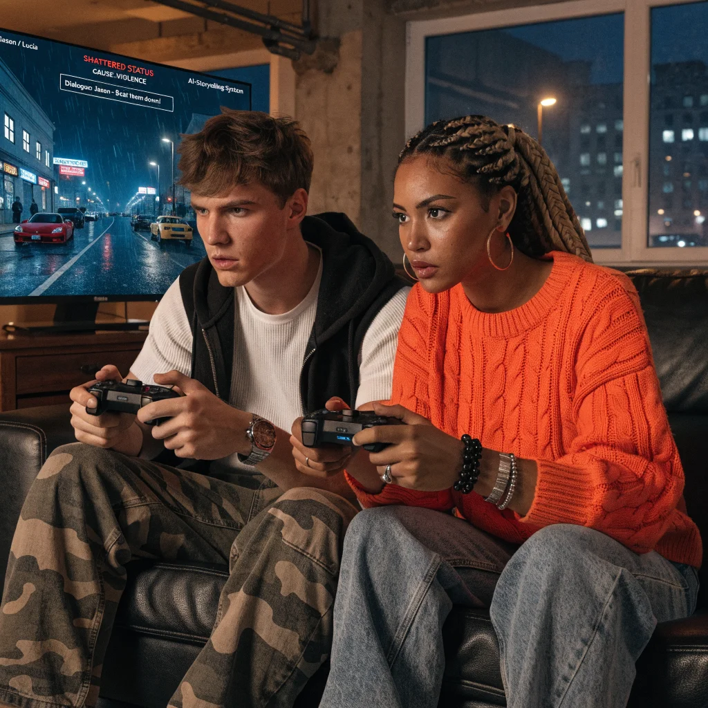 Realistic photo of two gamers playing GTA 6 in Vice City showing the new shattered status system affecting violence and storytelling with characters Jason and Lucia.