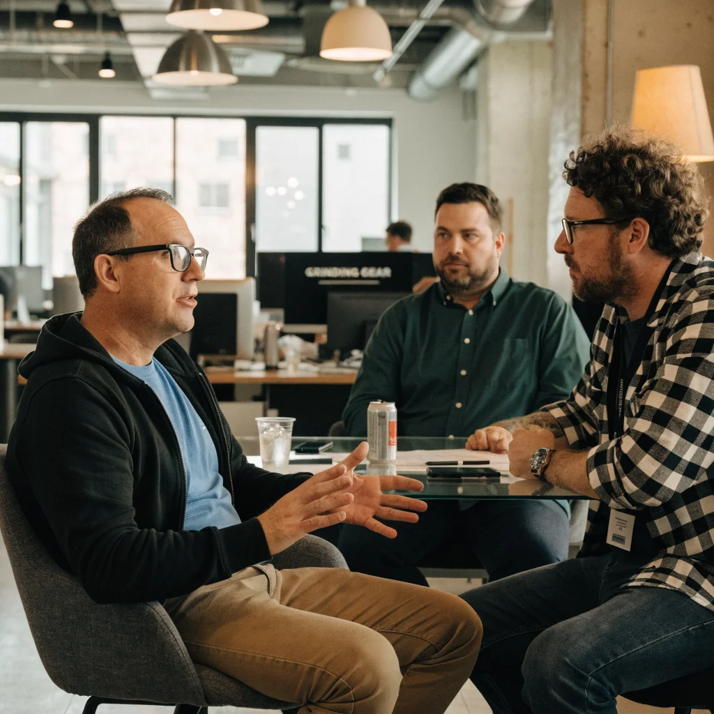 A realistic photo of Chris Wilson discussing Path of Exile development with Grinding Gear Games team, showcasing datamining, game encryption, and community management.