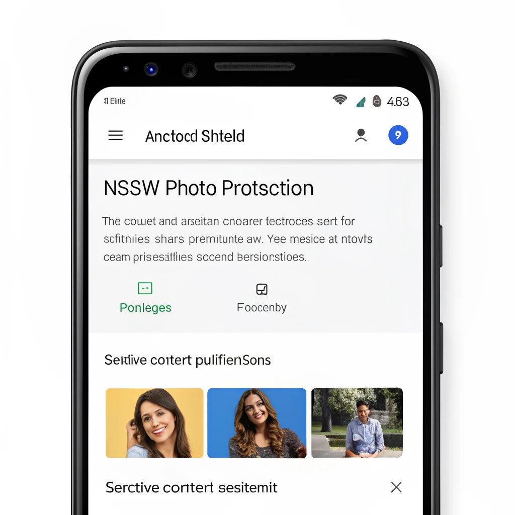 A smartphone screen showing Google Android Shield’s NSFW photo protection with blurred sensitive images and privacy warning notifications.