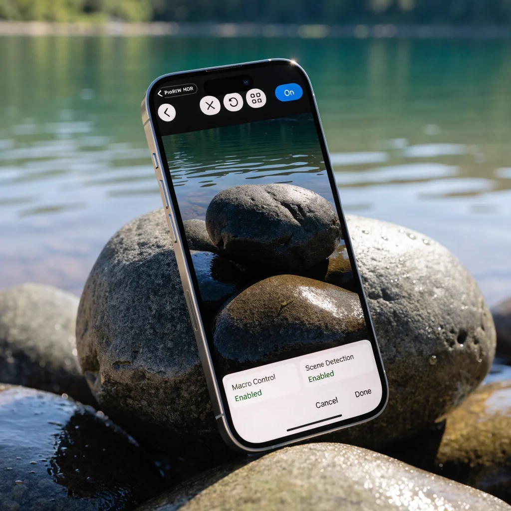 A realistic close-up photo of an iPhone 2026 screen showing the camera settings menu with Macro Control and Scene Detection options enabled.