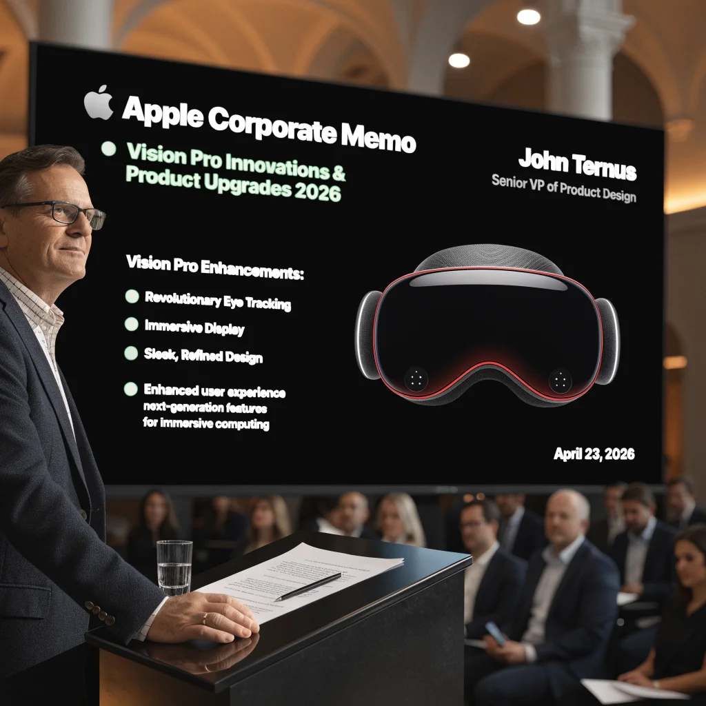 John Ternus stands confidently behind a podium delivering a memo to Apple employees about innovations and product upgrades for Apple in 2026, including the Apple Vision Pro.