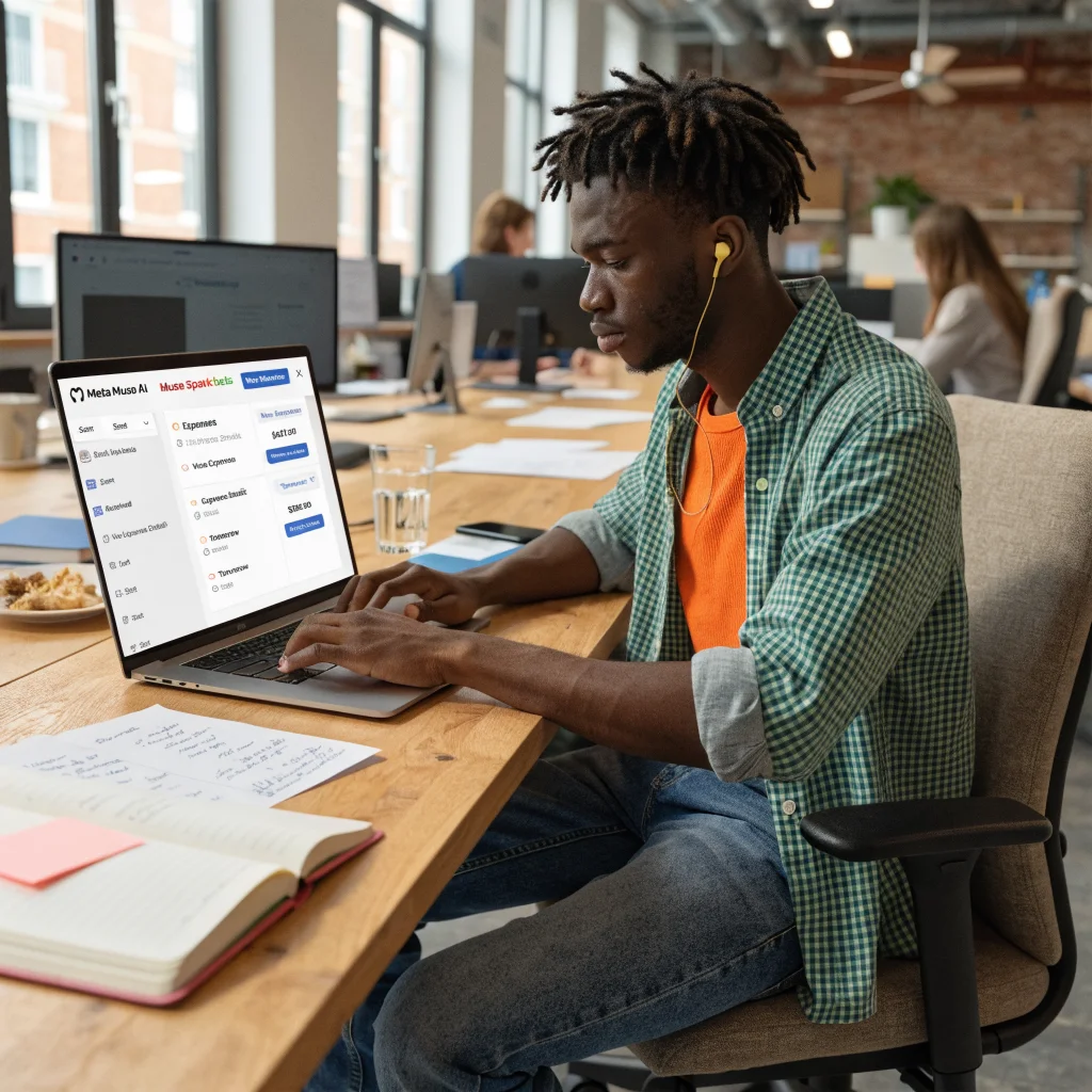 A realistic photo of a person using Meta Muse AI’s Muse Spark beta version on a laptop, managing emails, expenses, and reminders with bright office background.