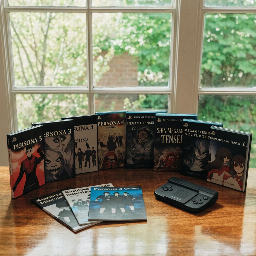 A collection of Persona and Shin Megami Tensei game cases arranged on a wooden table next to a Nintendo 3DS console and gaming magazines featuring Kazuhisa Wada's interview.