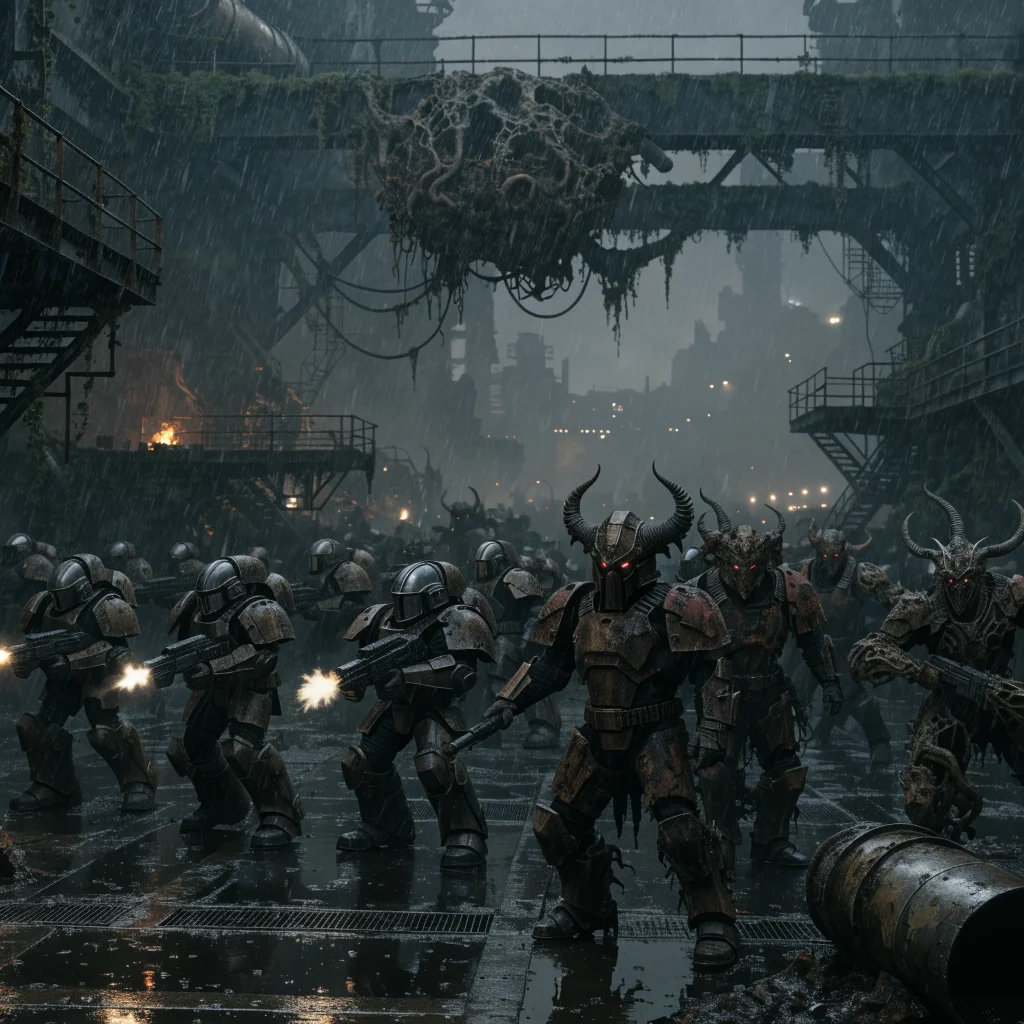 A realistic photo of intense futuristic battle between Space Marines and Traitor Guard in a dark war-torn sci-fi environment, showcasing Chaos corruption and alien factions.