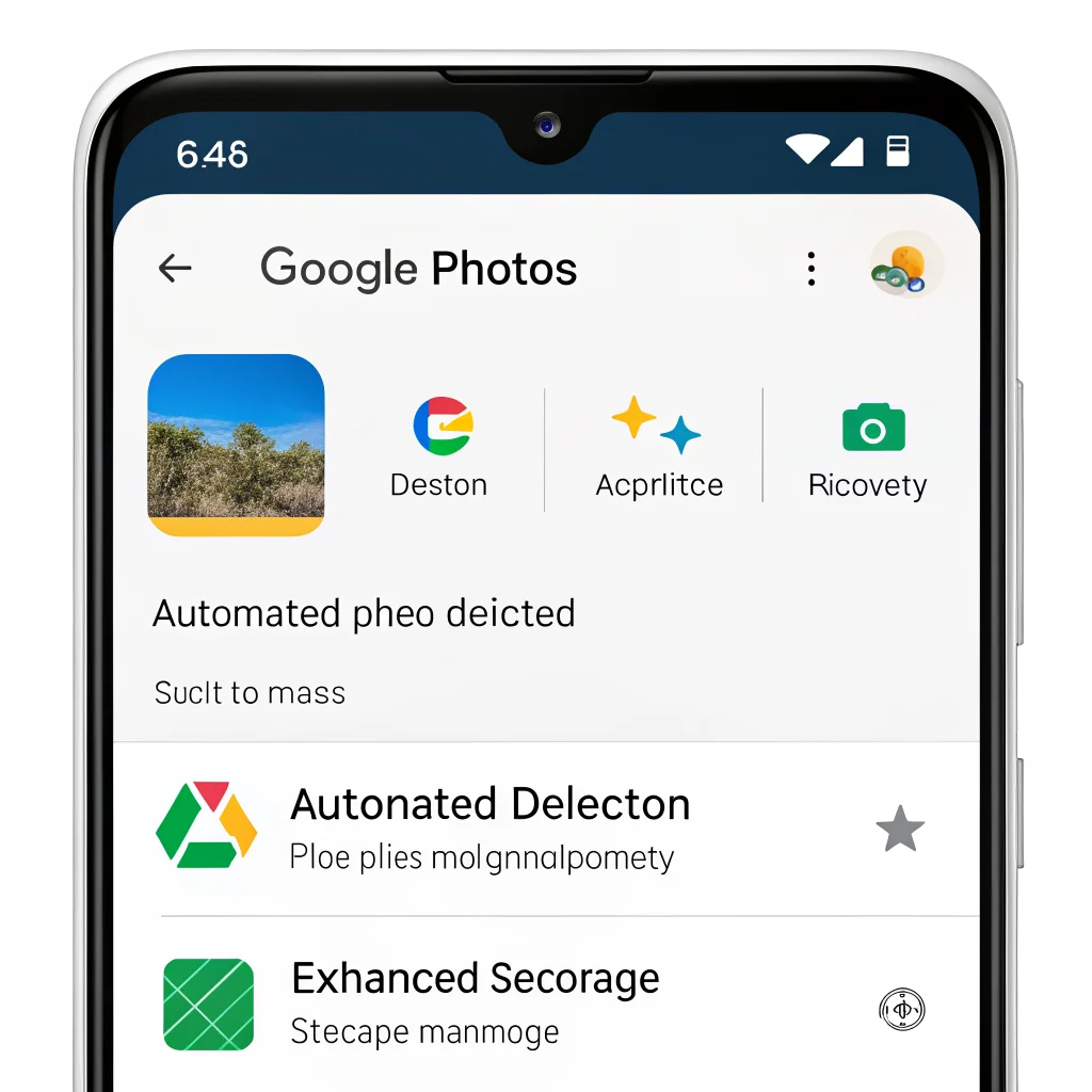 A smartphone screen showing the Google Photos app with automated photo deletion, recovery window, and improved storage management features enabled.