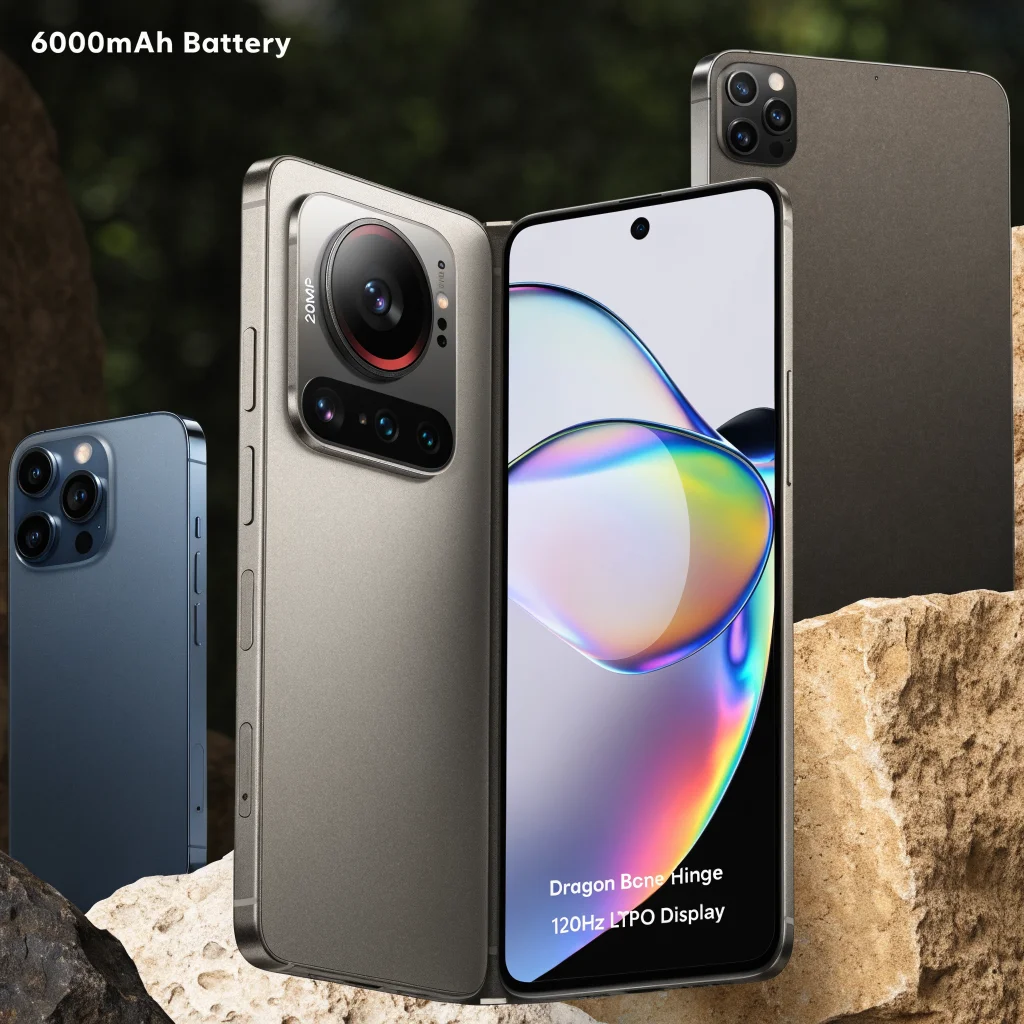 A realistic photo of the Xiaomi 18 Fold foldable smartphone highlighting its Dragon Bone hinge, 200MP camera, 120Hz LTPO display, and 6000mAh battery next to an iPhone 18 Pro and iPad 9 Pro Max.