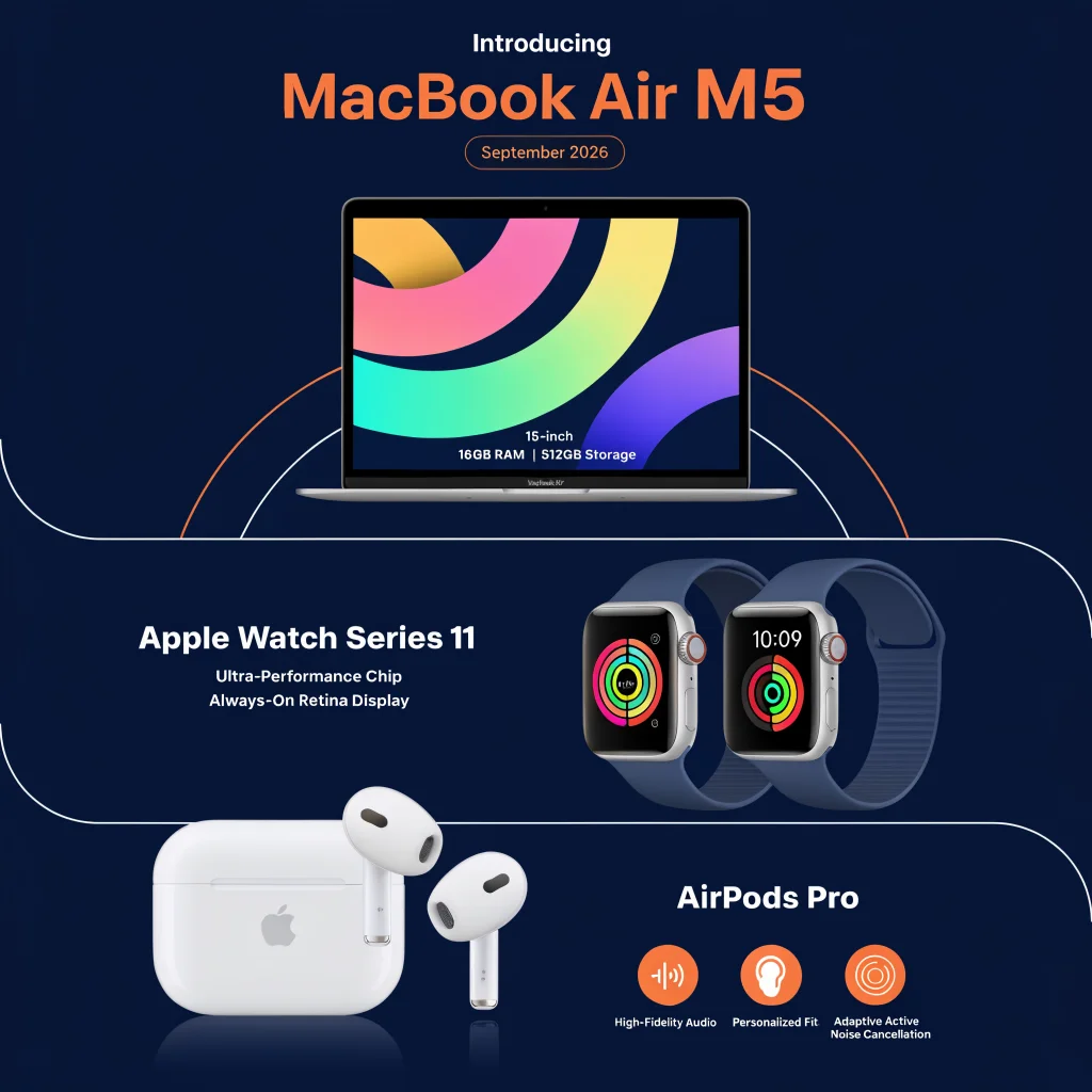 A sleek 15-inch MacBook Air M5 with 16GB RAM and 512GB storage displayed alongside an Apple Watch Series 11 and AirPods Pro at a September 2026 Apple event.