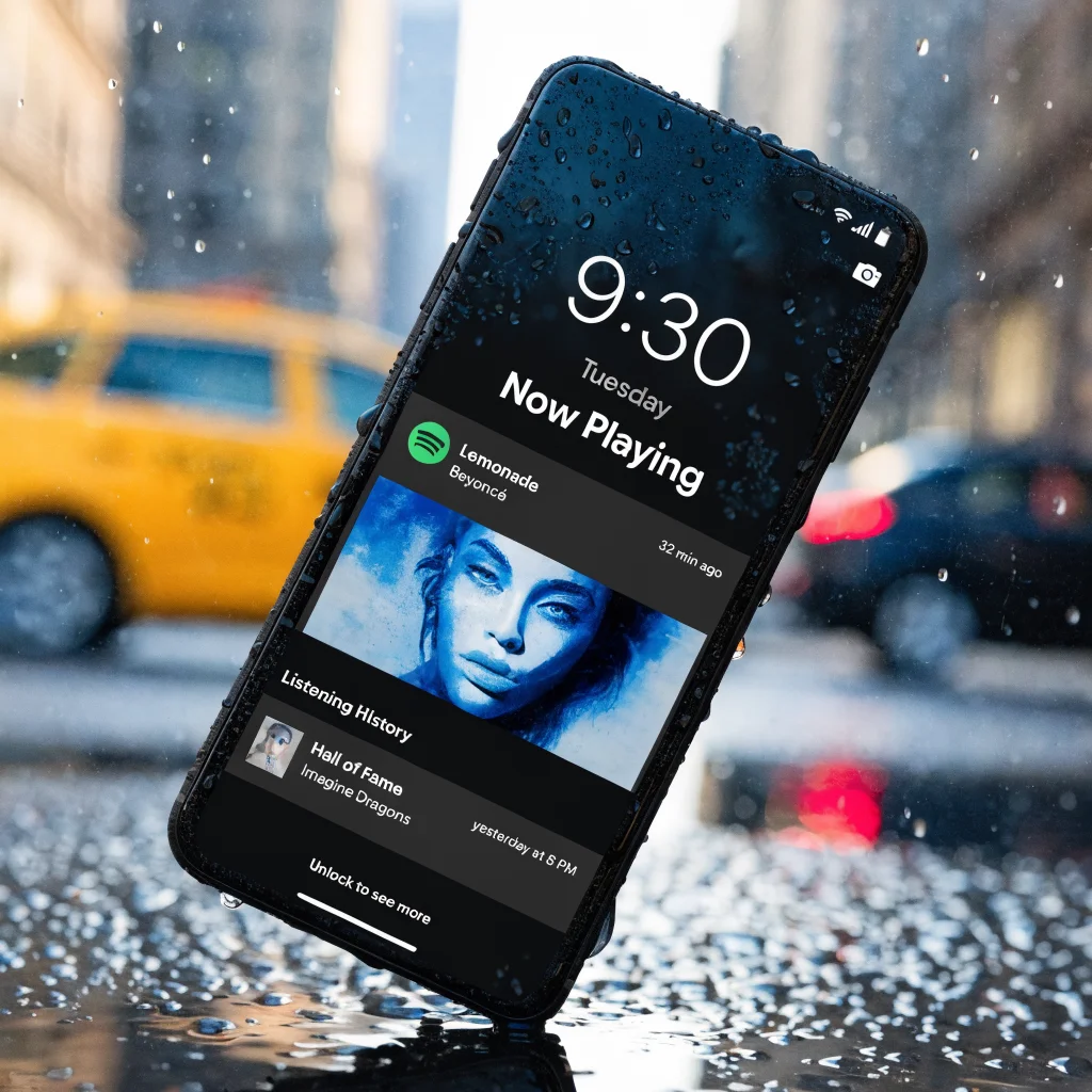 A realistic photo of a Google Pixel phone screen showing the Now Playing feature with music notifications and listening history on the lock screen.