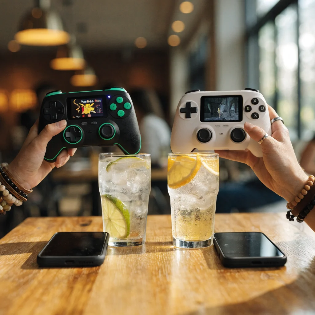 A close-up photo of 8Bitdo FlipPad and GameSir Pocket Taco wireless Bluetooth controllers used with a smartphone playing retro Pokémon and Zelda Link's Awakening games.