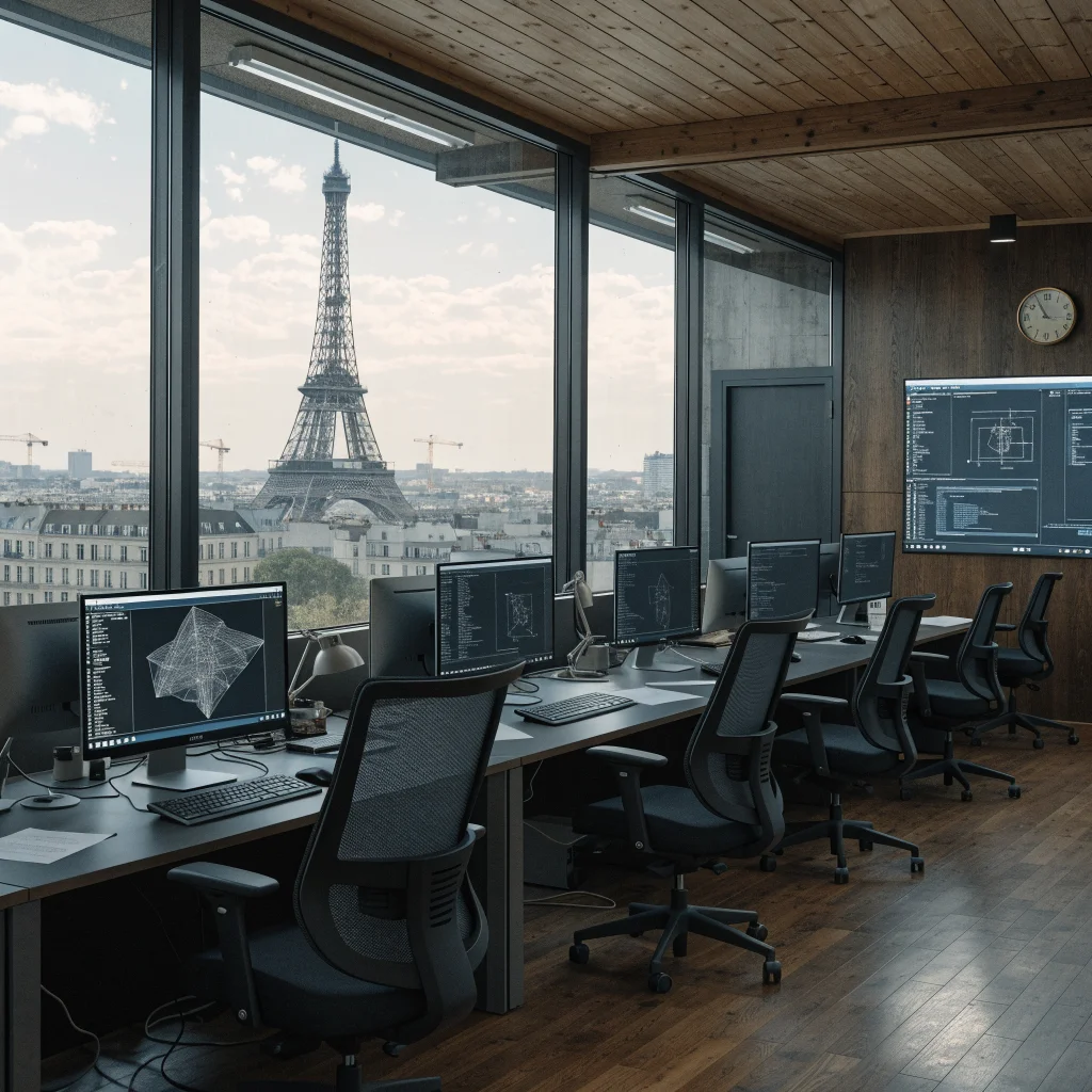 A professional video game studio office in France with empty desks, reflecting job cuts amid the 2027 financial crisis and adventure game development.