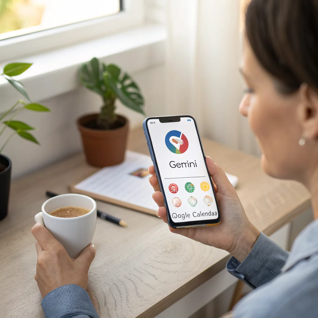 A person uses the Gemini app on their smartphone in the morning, managing time and personalized news alongside Google Calendar to boost focus and reduce digital stress.