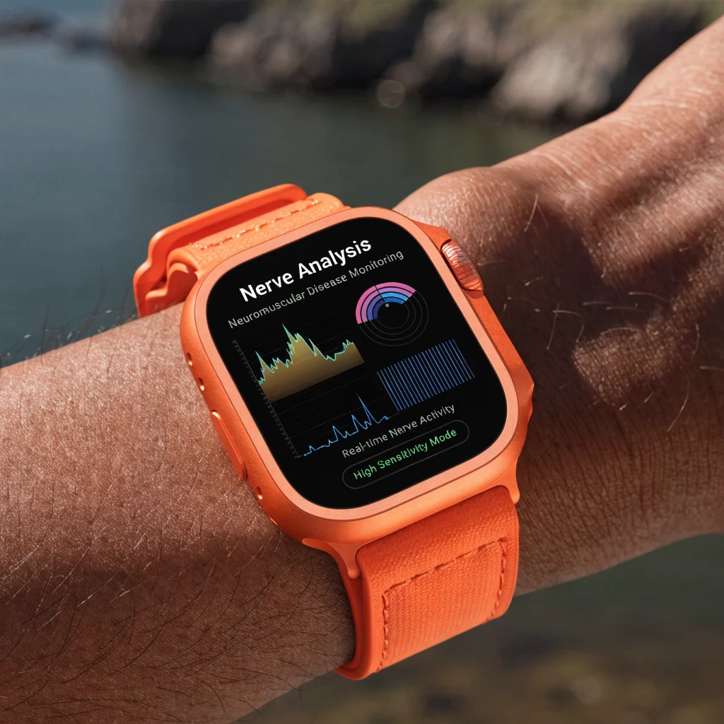 A close-up of an Apple Watch Ultra 3 displaying advanced biometric sensor data for non-contact nerve analysis and neuromuscular disease monitoring.