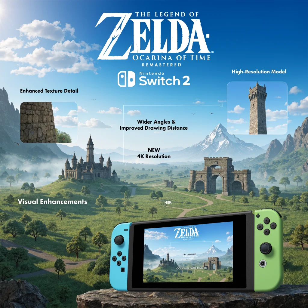 A high-resolution promotional image showing The Legend of Zelda: Ocarina of Time remake gameplay on a Zelda-themed Switch 2 console, highlighting enhanced Hyrule Field graphics.