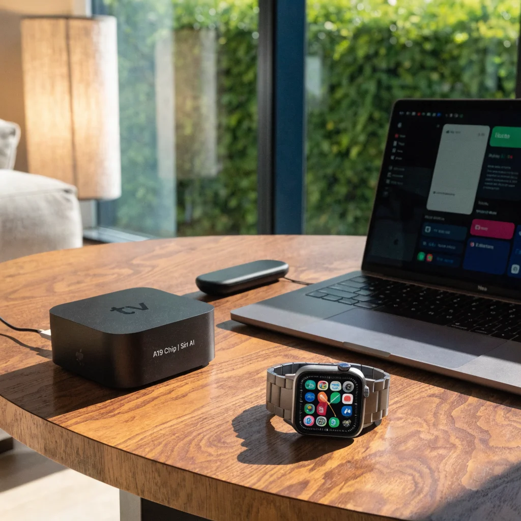 A sleek Apple TV 4K with A19 chip and Siri AI displayed next to MacBook Neo and Apple Watch Series 11 on a modern wooden table.
