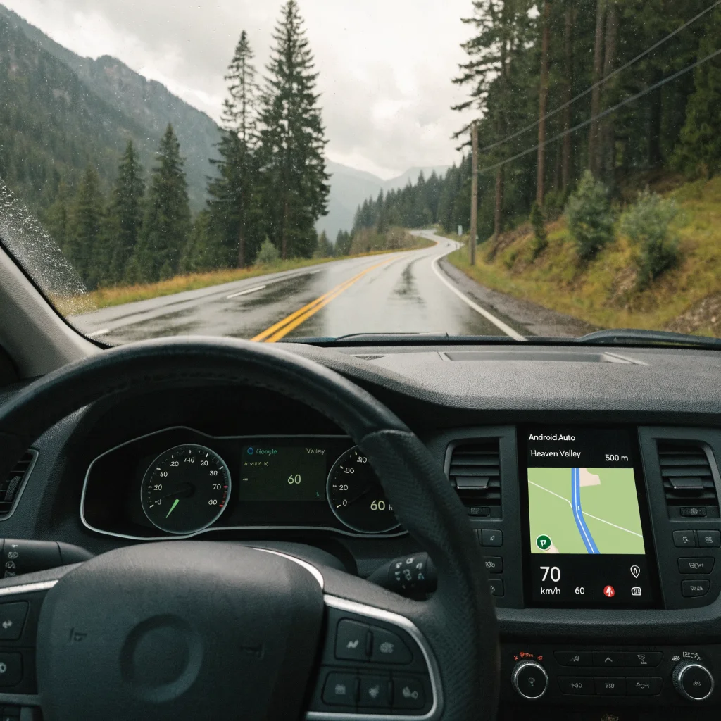 A realistic photo of a car dashboard displaying Android Auto with Google Maps navigation, showing speedometer, speed limits, and traffic signs clearly.