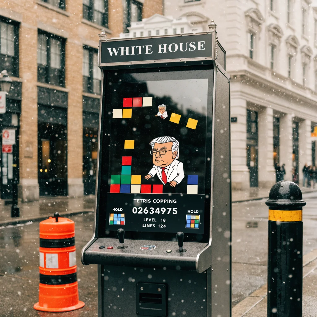 A realistic photo of a White House-themed arcade game featuring a Donald Trump character in a Tetris-style puzzle game highlighting copyright controversy.