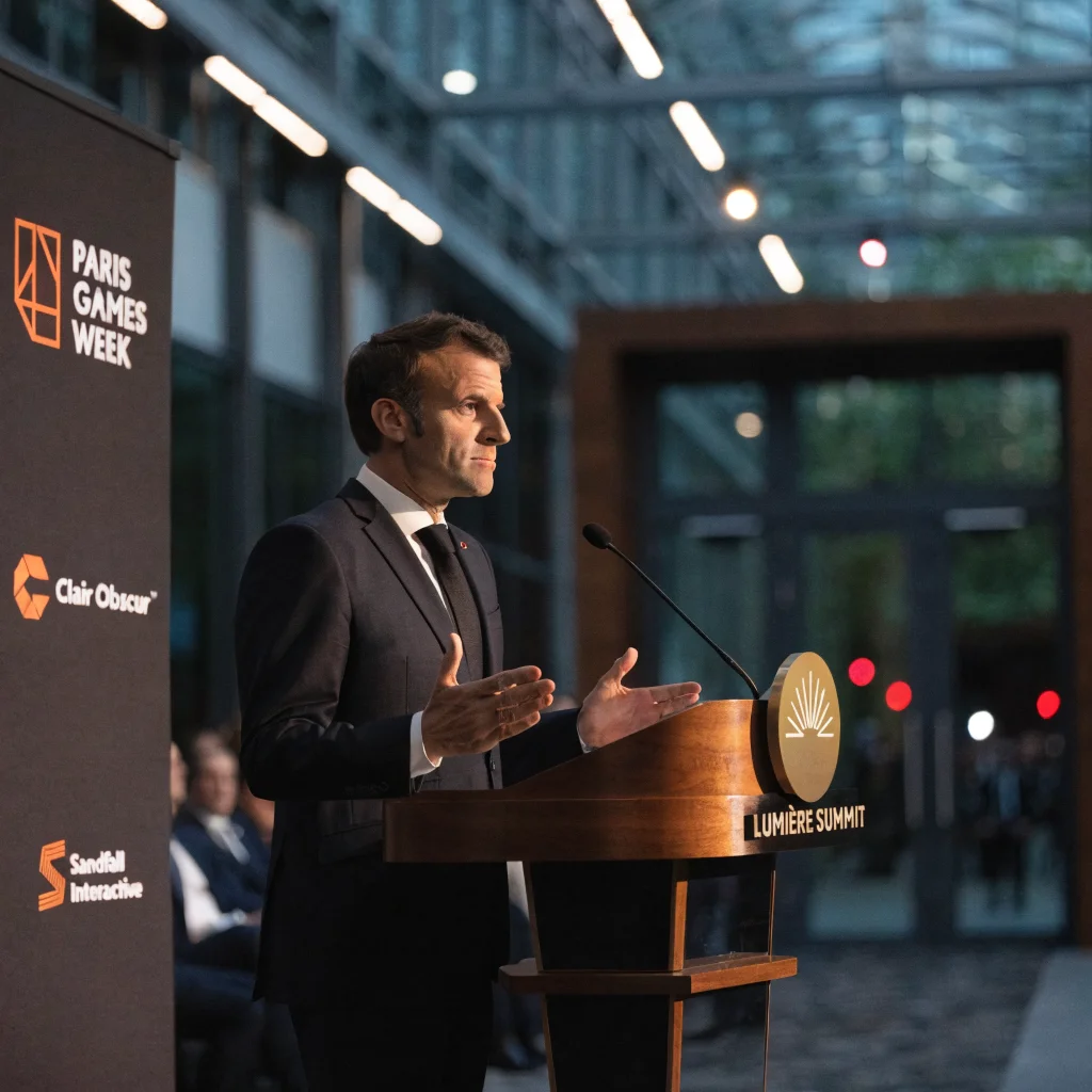 A realistic photo of Emmanuel Macron speaking at the Lumiere Summit during Paris Games Week, with promotional materials from Clair Obscur and Sandfall Interactive in the background.