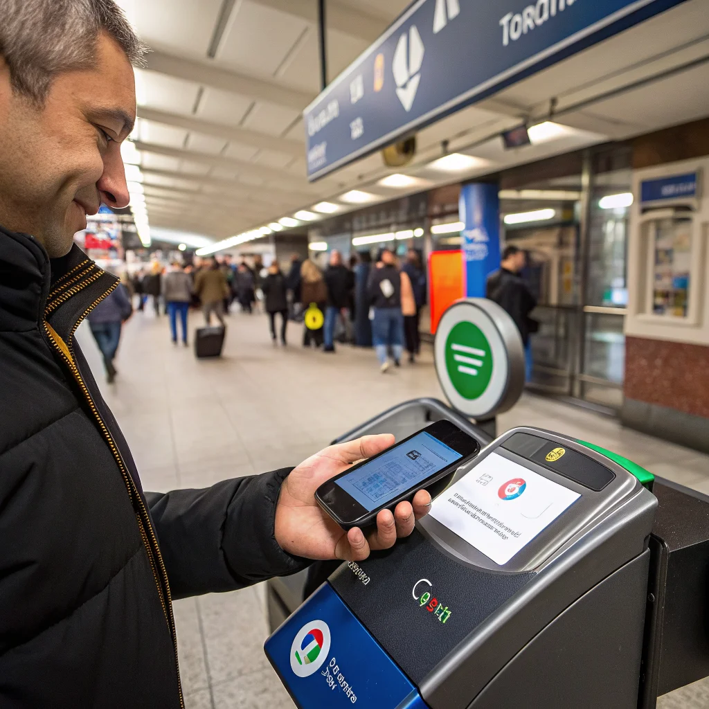 A realistic photo of a person using the new Tap to Share NFC card feature in Google Wallet on Android 17 for contactless public transport payment.