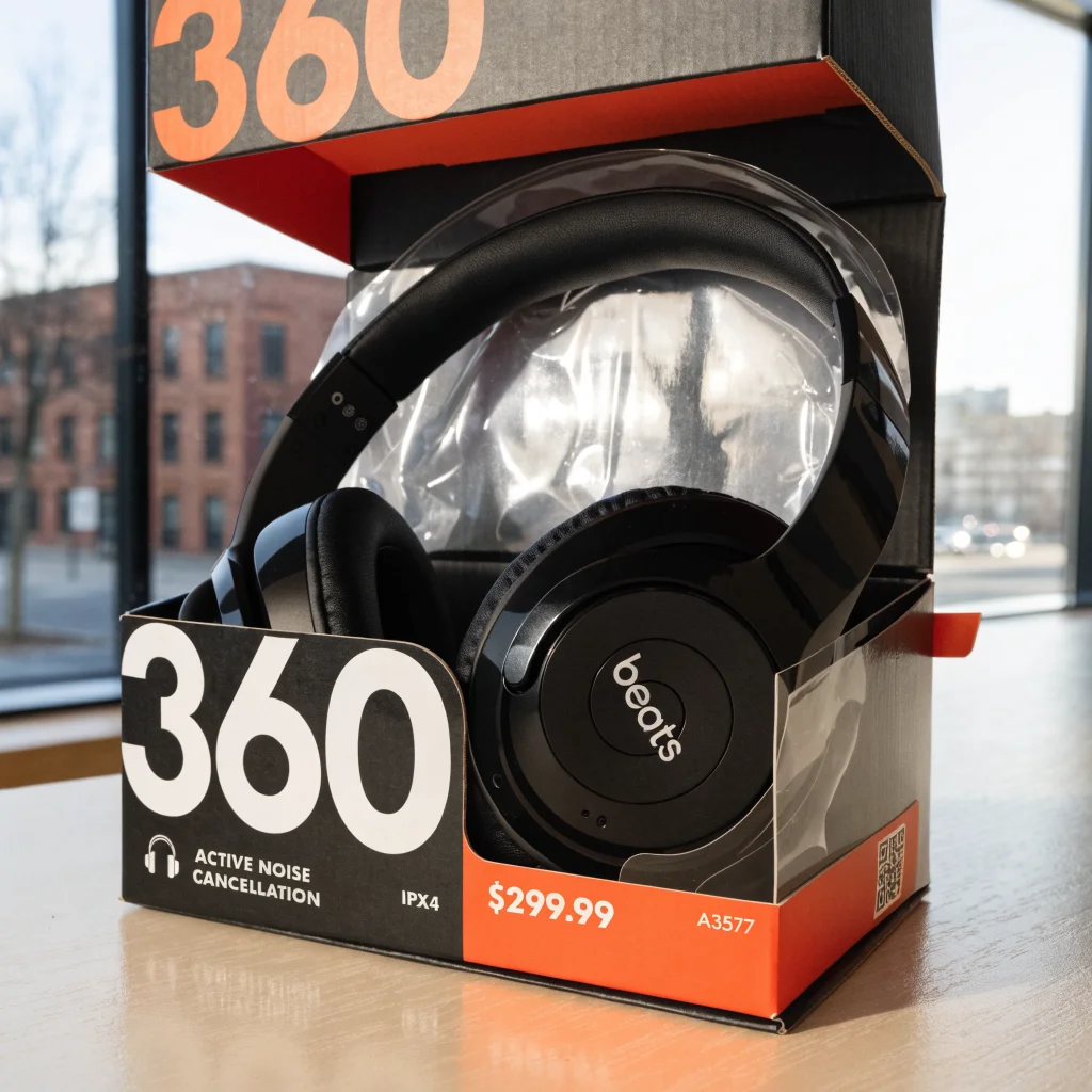 Realistic close-up photo of Apple Beats 360 headphones model A3577 featuring noise cancellation and IPX4 rating with price tag $299.99 in a sleek retail box.
