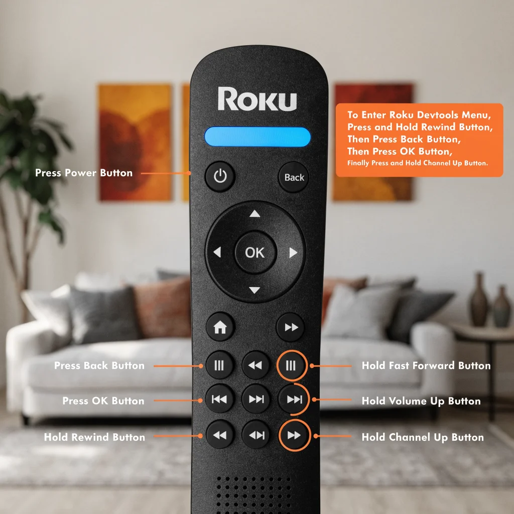 A close-up photo of a Roku remote control displaying button combinations used to access the secret developer and network diagnostic settings menu on a Roku streaming device.
