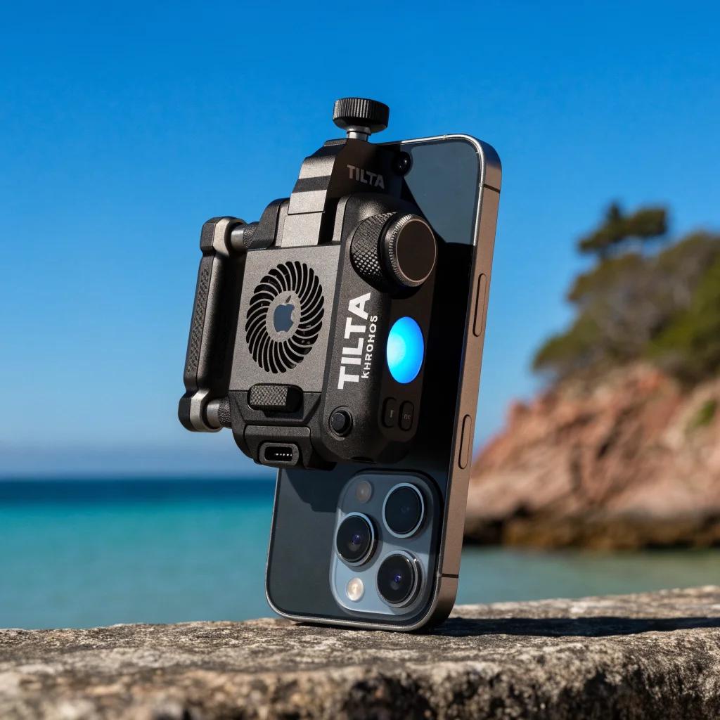 A close-up photo of the Tilta Khronos photography kit securely attached to an iPhone 17 Pro Max, showcasing futuristic mobile photography accessories.