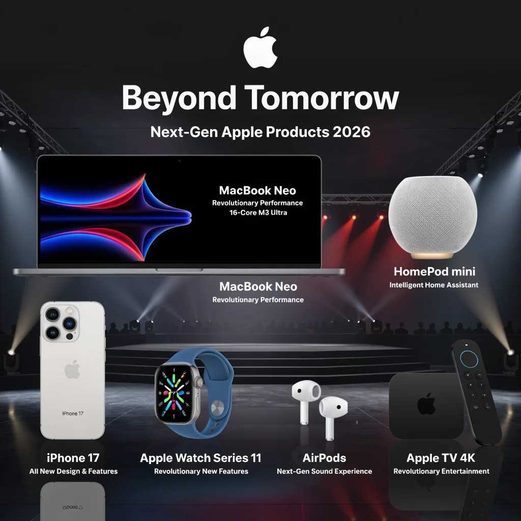 A modern Apple event stage showcasing upcoming 2026 products like MacBook Neo, iPhone 17, Apple Watch Series 11, AirPods, HomePod mini, and Apple TV 4K.