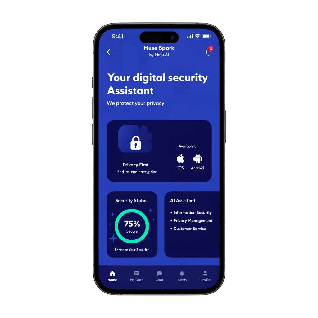 A smartphone screen displaying the Meta AI app Muse Spark with a digital security assistant interface, highlighting privacy features on iOS and Android devices.