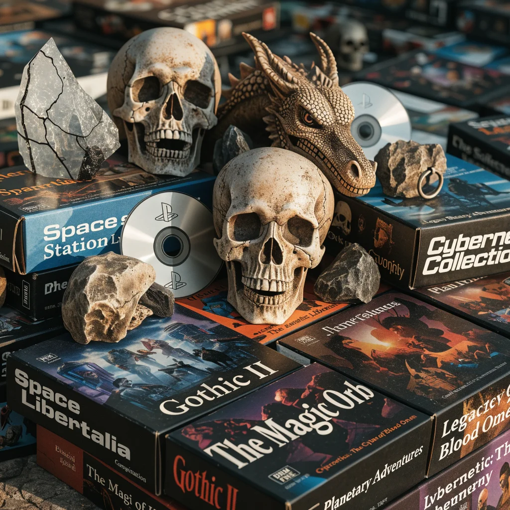 A close-up photo of large vintage PC game boxes from the Big Box Collection preserving physical media and DRM-free titles, surrounded by 3D scan prints and PlayStation discs.