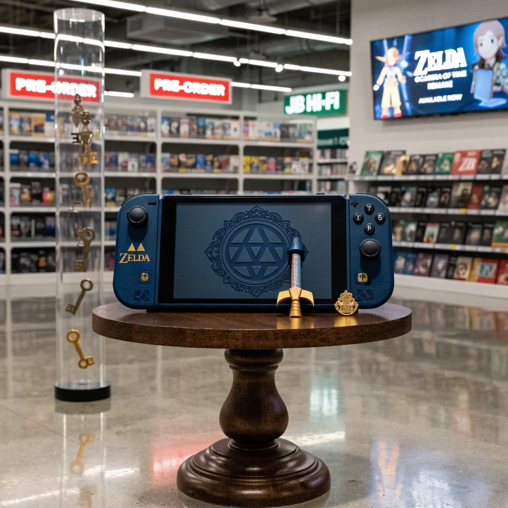 A realistic photo of the limited edition Zelda Nintendo Switch 2 console with Master Sword accessory, displayed in an Australian JB Hi-Fi store showcasing preorder signs and a Zelda Ocarina of Time remake advertisement.