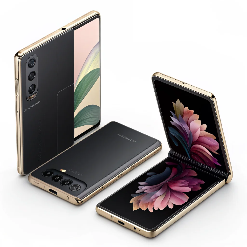 A realistic photo of Samsung Galaxy Z Fold 3 and Galaxy Z Flip 3 foldable smartphones side by side, highlighting their design and foldable screens.