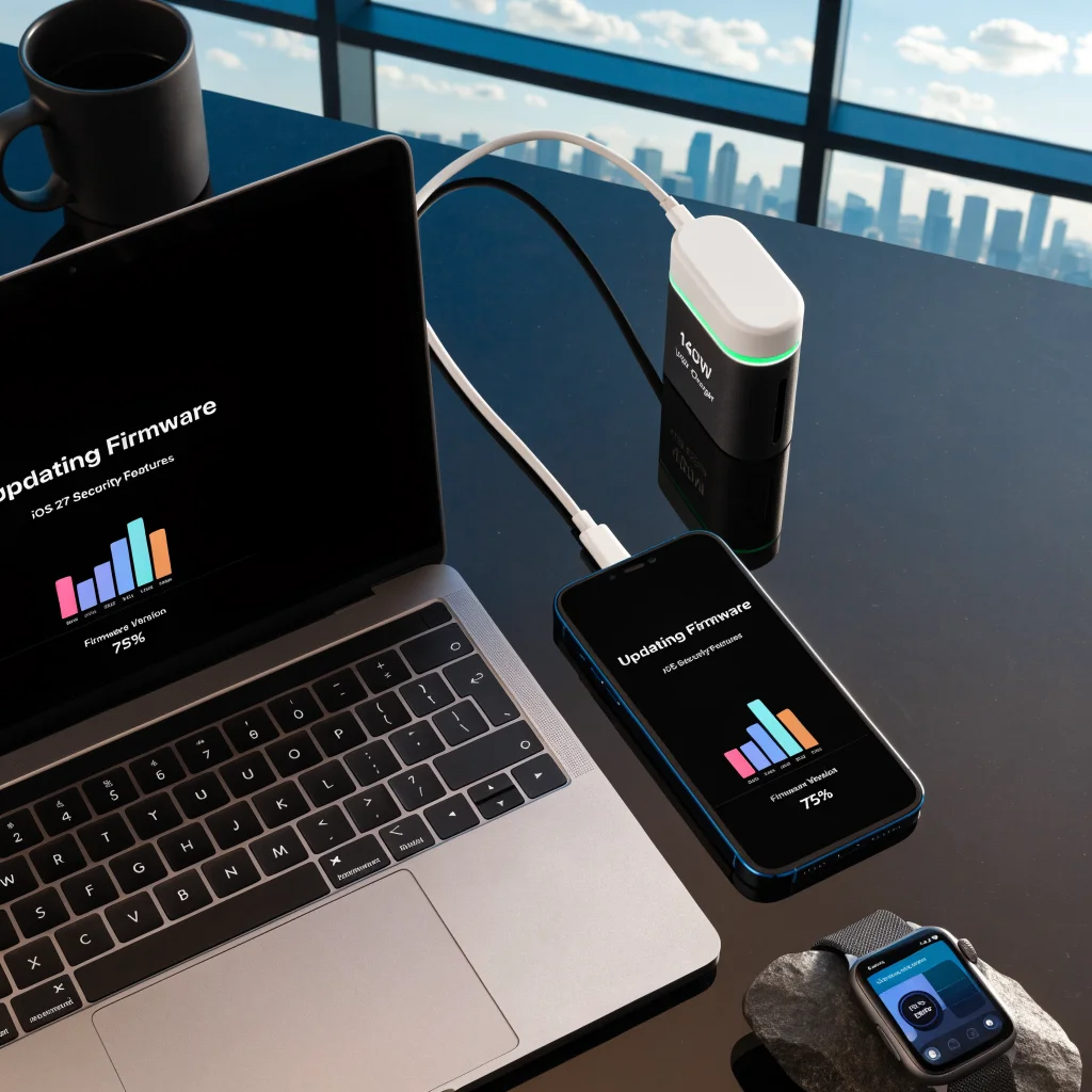 A close-up of a Mac and iPhone 18 Pro updating firmware with a 140W USB-C charger connected, displaying iOS 27 security features and Apple Watch Series 12 nearby.