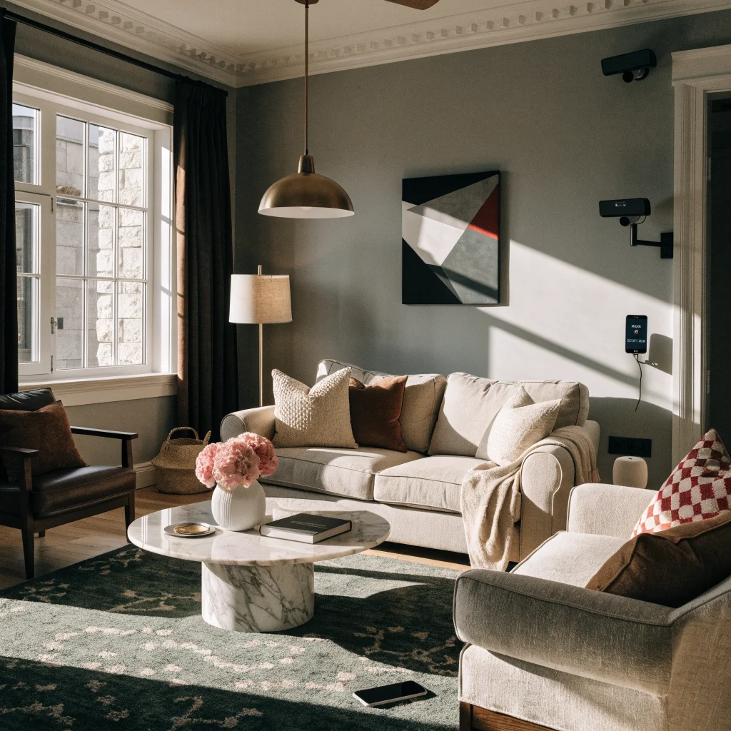 A realistic photo of a modern smart home setup featuring Apple HomeKit with Siri AI, 4K security cameras, and a HomePod mini in a stylish living room.