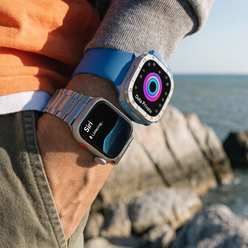 A realistic photo of the latest Apple Watch Series 8 and Ultra 4 on a wrist, highlighting Siri AI features and data privacy in wearable technology.