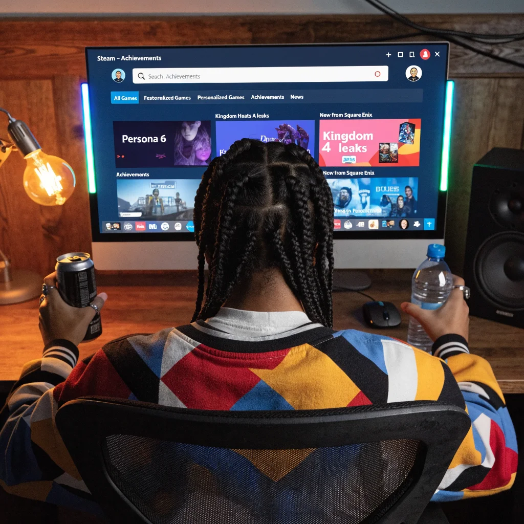 A gamer browsing a Steam achievements page featuring upcoming releases like Persona 6, Kingdom Hearts 4 leaks, Deus Ex Remastered, and Square Enix new games.