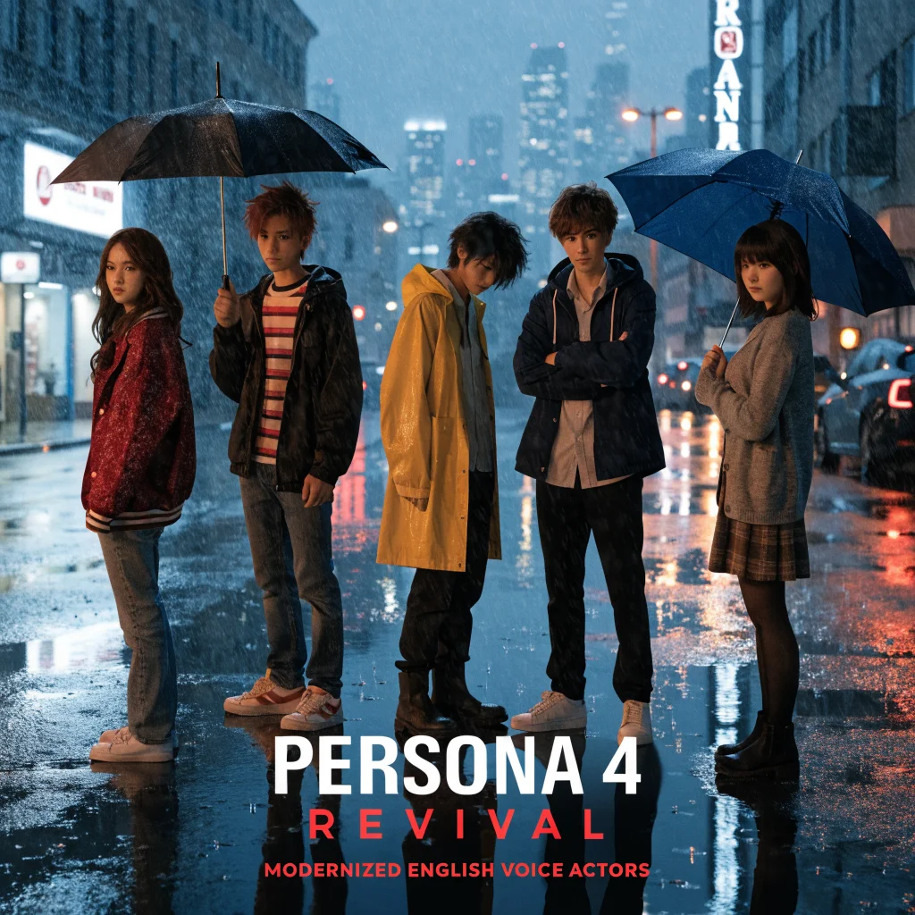 A realistic photo of the Persona 4 Revival video game cover art featuring updated characters and modernized English voice actors.
