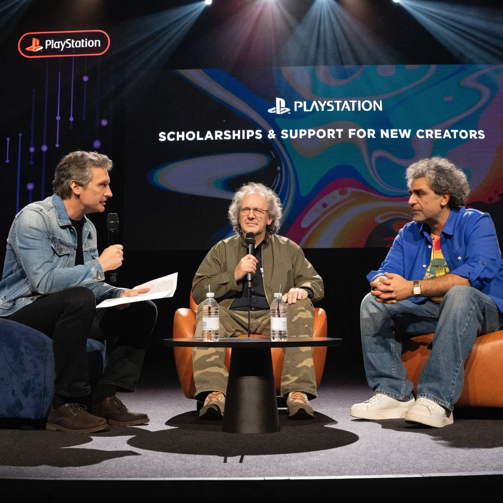 Mark Cerny and Josef Fares discuss game developer scholarships and support for new creators at a PlayStation event hosted by Geoff Keighley.