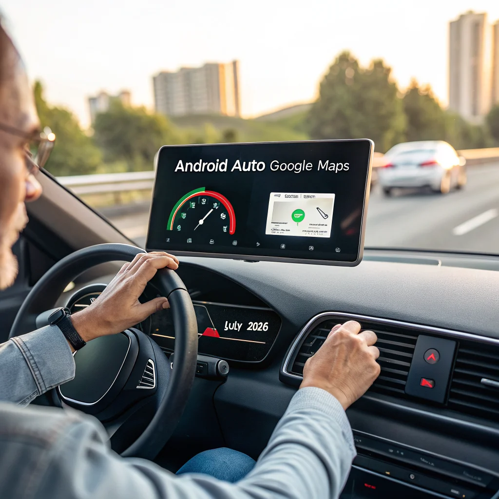 A driver using Android Auto with Google Maps showing a speedometer error and stop sign warnings on the car screen while troubleshooting navigation issues in July 2026.