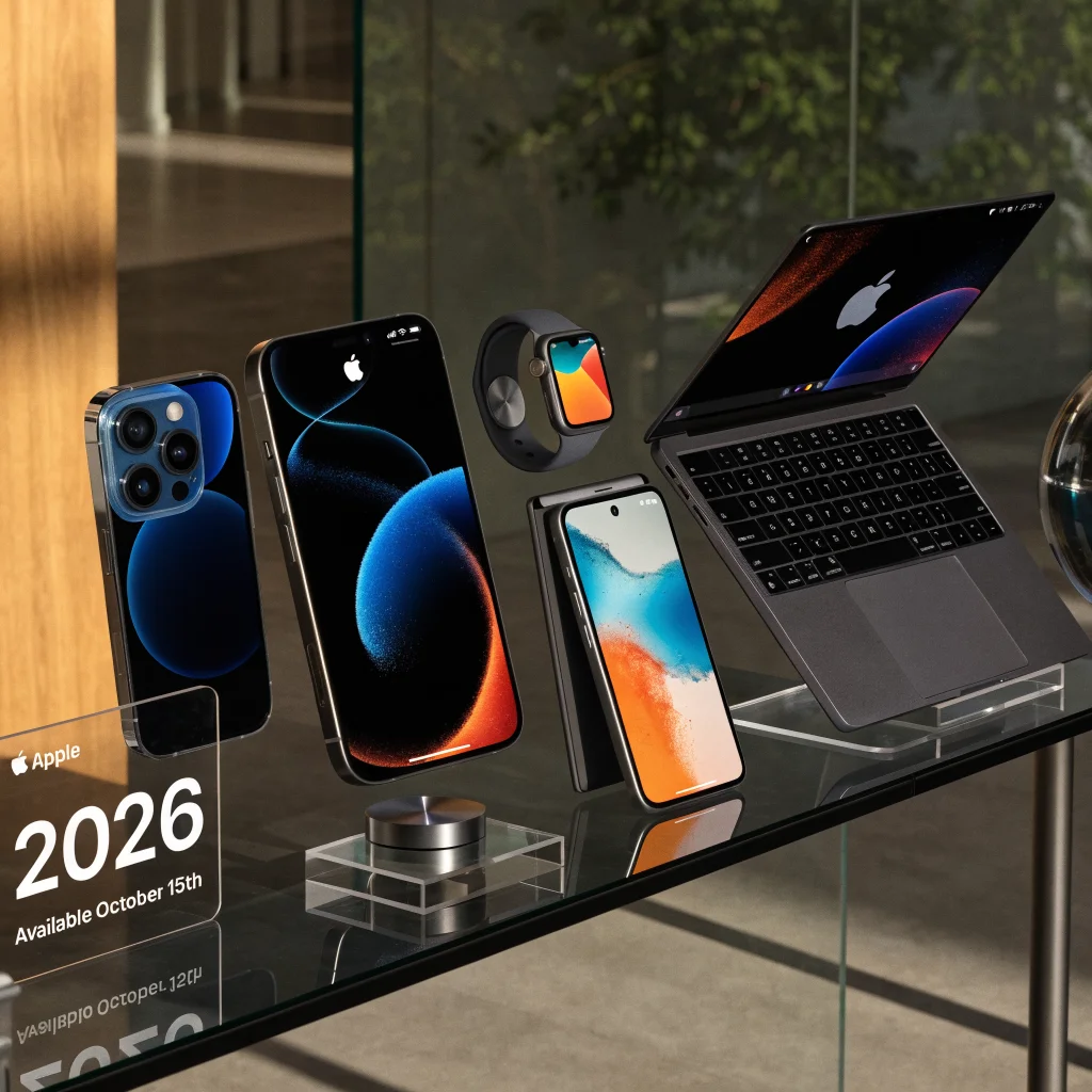 A sleek display table at the 2026 Apple event showcasing the new iPhone 18 Pro, iPhone Ultra, foldable iPhone, Apple Watch Series 12, and MacBook Neo with visible release date signage.