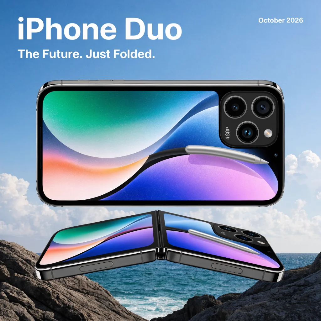A realistic photo of a foldable iPhone Duo with dual screens, magnetic hinge, 48MP cameras, Apple Pencil support, and sleek design showcased in October 2026.